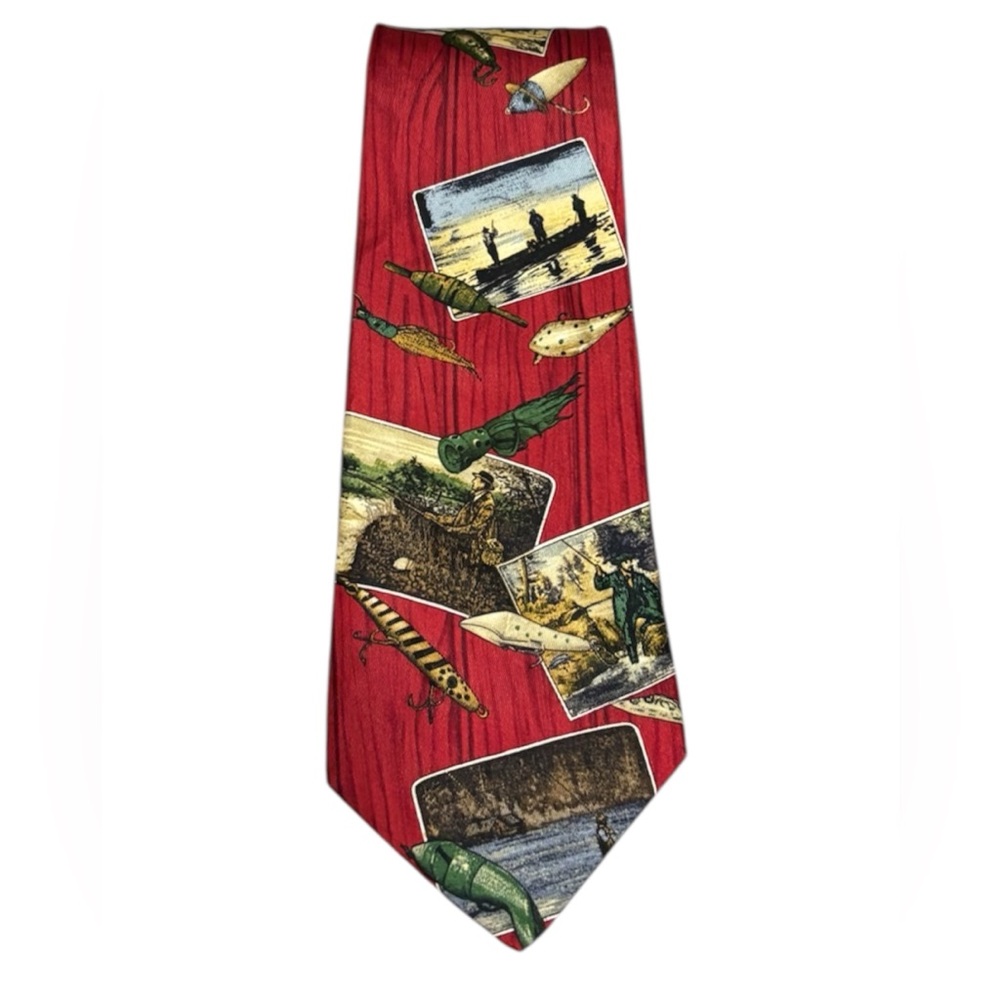 Eddie Bauer Silk Red Novelty Tie with Fishing Theme